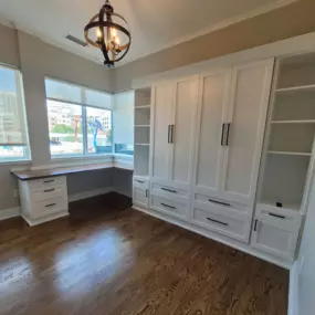 Working from home never looked so good! Create your dream home office with our custom organization solutions like this Murphy bed. 704-659-4740.