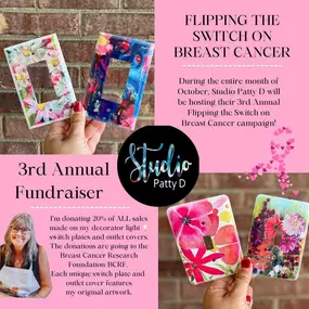 The time to Flip the Switch is here! During the entire month of October, Studio Patty D will be hosting their 3rd Annual ✨Flipping the Switch on Breast Cancer✨ campaign! They will be donating 20% of ALL sales made on their decorator light ???? switch plates and outlet covers.