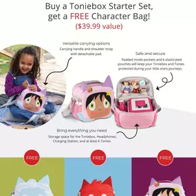 HOLIDAY 2024 TONIE PROMOS ARE HERE!! From now until the end of the year (or until we run out!), each Toniebox Starter Set comes with it's corresponding Buddy Bag (usually $39.99), for FREE! Additionally, buy 2 or more tonies along with the holiday promo bundle, and receive 20% off those tonies! Already have a Toniebox? Buy 4 or more tonies to receive the discount!