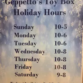 Holiday hours are here! We've added an hour to the end of Wednesday-Saturday, and an hour to each side of our Sunday hours! We close early the day before Thanksgiving, we are closed Thanksgiving Day; we close early on Christmas Eve and are closed Christmas Day and Boxing Day; we close early on New Years Eve and are closed on New Year's Day.