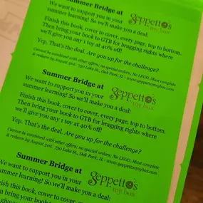 Help keep the slip and slide of summer where it belongs- in water play! An average of just 15 minutes a day of extra reading or fun worksheets can help your kiddos maintain what they learned this school year and go back confident in the fall. Plus, they can earn a coupon for 40% off one non-LEGO toy if they complete one of these workbooks that we have in stock (grades 3-4 is on the way, promise!)