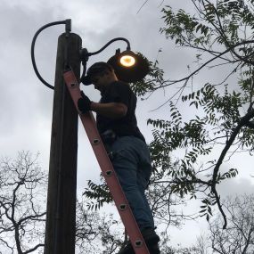 Technician from The Local Electrician installing exterior lighting on a pole while standing on a ladder