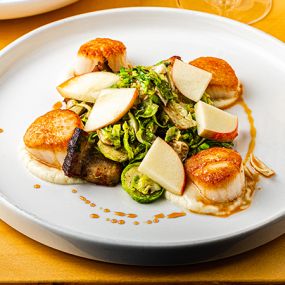 Fall 2022 Seared New England Scallops with Soy braised pork belly, roasted fennel, brussels sprouts, honey crisp apple, creamy celeriac, pine bud syrup