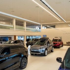 Cars inside the Land Rover Nottingham showroom