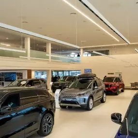 Cars inside the Land Rover Nottingham showroom