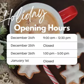 Happy Holidays! Below are our holiday hours for the upcoming week and the week of New Year’s. We wish everyone a joyful and safe holiday season! ????