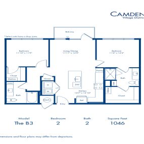 The B3 floorplan - two bedroom x two bathroom at Camden Village District in Raleigh, NC