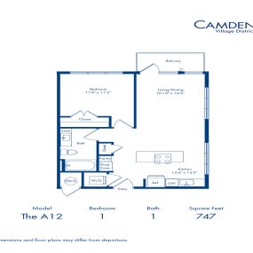 The A12 floorplan - one bedroom x one bathroom at Camden Village District in Raleigh, NC