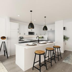 Modern style kitchen with white upper cabinets, gray bottom cabinets, white countertops and matte black accents at Camden Village District in Raleigh, NC