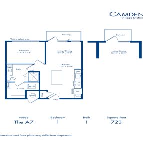 The A7 floorplan - one bedroom x one bathroom at Camden Village District in Raleigh, NC