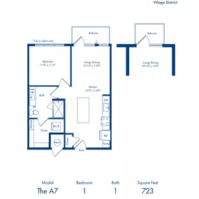 The A7 floorplan - one bedroom x one bathroom at Camden Village District in Raleigh, NC