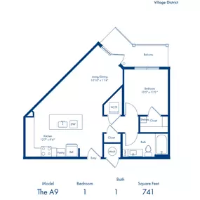 The A9 floorplan - one bedroom x one bathroom at Camden Village District in Raleigh, NC