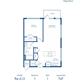 The A12 floorplan - one bedroom x one bathroom at Camden Village District in Raleigh, NC