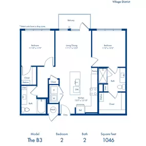 The B3 floorplan - two bedroom x two bathroom at Camden Village District in Raleigh, NC