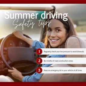 Stay safe on the road this summer with these essential driving tips! Regularly check your tire pressure, stay hydrated, and plan for breaks on long trips. Be aware of construction zones, and keep an emergency kit in your car.
Want to ensure your auto insurance is up-to-date? Contact us today to make sure you’re fully covered for all your summer adventures!