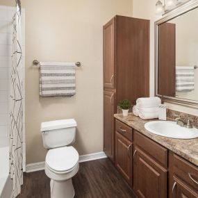 Bathroom with wood-style flooring and brown cabinets at Camden Addison
