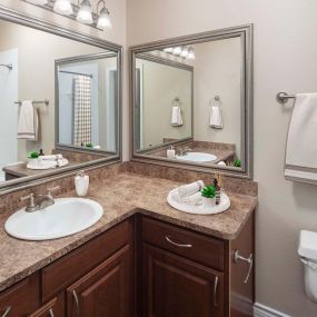 Spacious bathroom with wrap-around counter at Camden Addison apartments in Addison, Tx