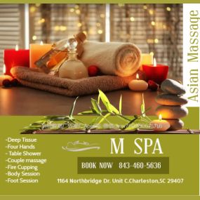 M Spa & Massage is the place where you can have tranquility, absolute unwinding and restoration of your mind, 
soul, and body. We provide to YOU an amazing relaxation massage along with therapeutic sessions 
that realigns and mitigates your body with a light to medium touch utilizing smoother strokes.