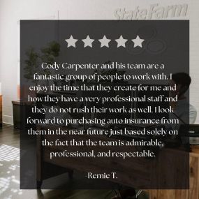 Another awesome review from one of our customers! Thank you Remie for the kind words, looking for a new agent? Cody Carpenter State Farm has your back, give our office a call or visit the link in our bio to get started on your custom quote! 
#statefarm #statefarminsurance #hoschtonga  #braseltonga #braseltongajobs #statefarmagent #hoschtonga #hoschtongastatefarm