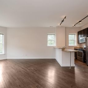 New hardwood flooring in kitchen and living room