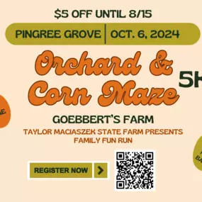 ‼️REGISTRATION NOW OPEN‼️ $5 OFF UNTIL 8/15
https://raceroster.com/events/2024/92136/fall-family-fun-run
Join us for an Apple Orchard and Corn Maze 5K at Goebbert's Farm on October 6th!???????? Optional pumpkin challenge through the Corn Maze section of the 5K.???? 
Prize baskets for the:
Best Dressed (Most Festive)
First to Finish the 5K
Finish with the Heaviest Pumpkin
Donuts and drinks available after the race. Your registration allows you early and exclusive access into Goebbert's for the EN