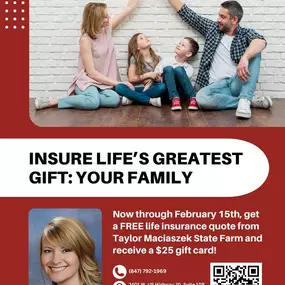 Insure life's greatest gift: your family.????‍????‍????‍???? Life insurance can protect your family from financial hardships such as a mortgage, education costs, or even daily expenses when you're gone and also provide you with benefits. ????????

‼️From now until February 15th, we're offering a $25 gift card to a local Starks Crossing business for anyone who receives a life insurance quote from our office.‼️

Life quotes are fast, free, and personalized! Give us a call or text to get yours toda