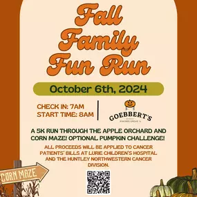 ‼️REGISTRATION NOW OPEN‼️ $5 OFF UNTIL 8/15
https://raceroster.com/events/2024/92136/fall-family-fun-run
Join us for an Apple Orchard and Corn Maze 5K at Goebbert's Farm on October 6th!???????? Optional pumpkin challenge through the Corn Maze section of the 5K.???? 
Prize baskets for the:
Best Dressed (Most Festive)
First to Finish the 5K
Finish with the Heaviest Pumpkin
Donuts and drinks available after the race. Your registration allows you early and exclusive access into Goebbert's for the EN