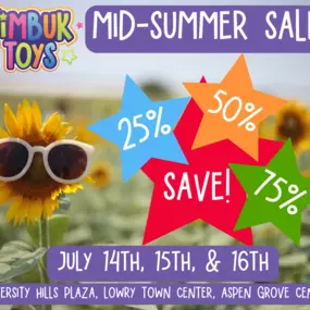 ????☀Stock up on Great Deals next weekend! Put toys aside for upcoming birthdays and holidays.????????

All three of our stores will have oodles of fantastic toys at 25, 50, & 75% off.

Help us make room for all the new toys we have on the way.