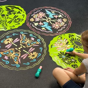 Invite outdoor, creative fun for young artists with Chalkscapes® Mandalas Sidewalk Chalk Stencils Kit!