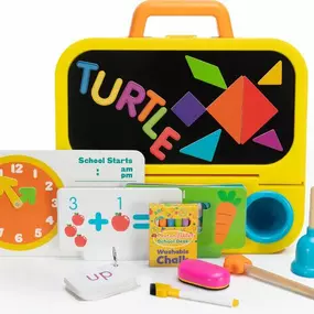 Learning becomes play with this multi-activity school set that teaches language and math skills, matching, and more! Beautifully designed as a briefcase that doubles as a school desk, all the included accessories store inside.