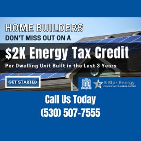 45L Tax Credit Services in California | 5 Star Energy
Are you a builder or a project developer who consistently builds high-performance, energy-efficient homes? If so, you may be eligible for the 45L tax credit. The credit is available for both new and existing homes and can be applied for each dwelling unit that meets the criteria outlined in the legislation. Don’t let this valuable tax credit go to waste, 5 Star Energy can help you take advantage of this tax relief. If you want to learn more a