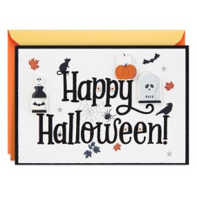 Halloween greeting card features a happy Halloween message surrounded by pumpkins, fall leaves, spiders, skeletons and other spooky icons. 3D die-cut attachments, sparkly glitter and embossed details add to the fun.