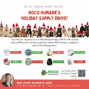 ???????? Give Back to Our Furry Friends This Holiday Season! ????????
This year we are proud to support NOCO Humane and will be collecting items in our office for their Animal Shelter Supply Drive! If you’d like to contribute, you can drop off supplies at our office Monday through Friday, 9 AM to 6 PM. Together, we can make the holidays a little brighter for animals in need. Thank you for your support! ❤️