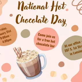 Join us Friday January 31st for National Hot Chocolate Day! 
Stop by any time between 9am-4pm for a free hot chocolate on us! #likeagoodneighborstatefarmisthere #hotchocolate #tiffanyandrewsstatefarm