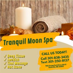 Whether it’s stress, physical recovery, or a long day at work, Tranquil Moon Spa has helped many clients relax in the comfort of our quiet & comfortable rooms with calming music.