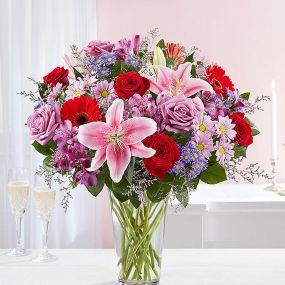 For the one you adore above all else, here’s a Valentine’s surprise designed to wow! Our spectacular arrangement is filled with a lush abundance of blooms in soft & bold shades for an exciting contrast of color.