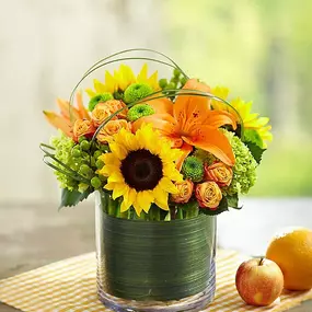 Arrangement of sunflowers, green mini hydrangeas, orange Asiatic lilies, orange spray roses, green hypericum, green button poms, bear grass and variegated pittosporum Lilies may arrive in bud form and will open to full beauty over the next 2-3 days Arrives in a glass cylinder vase wrapped in Ti leaf ribbon. Our florists hand-design each arrangement, so colors, varieties, and container may vary due to local availability.