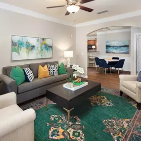 Modern Living Room with Lofty 9' Ceilings with Crown Moulding at The Berkeley Apartment Homes