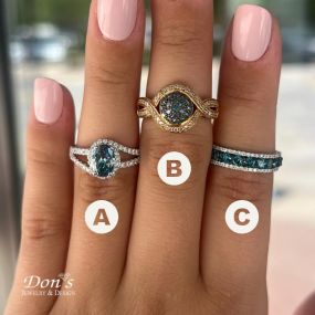 ☀️ Warmer weather is quickly approaching which means it’s time to celebrate with colored diamonds! Which ????blue???? diamond ring would YOU choose? Stop in today to see these beauties in person ????