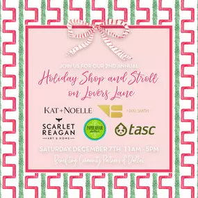 ????Save the Date!???? Join us for the 2nd Annual Holiday Shop & Stroll on Lovers Lane, happening Saturday, December 7th! Support Community Partners of Dallas by shopping their most-needed toys wish list with us, and receive 20% off purchases donated to the toy drive.

???? In appreciation, attendees will also receive 20% off their purchases at Kat + Noelle, Nikki Smith Designs, PaperAffair, Scarlet Reagan, and TASC with the donation of toys.

☕ Plus, warm up with free coffee from the Herbster C