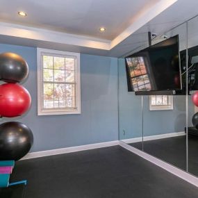Fitness center with TV and full body mirrors.