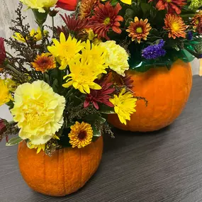 We have floral arrangements made in REAL pumpkins!! Stop by to pick one out before they’re gone! The perfect gift for fall lovers!????