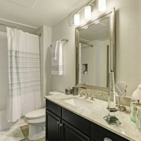 Bathroom with espresso cabinetry, quartz countertops and upgraded fixtures