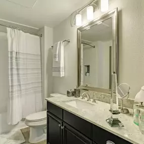 Bathroom with espresso cabinetry, quartz countertops and upgraded fixtures