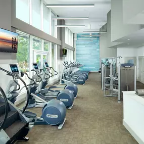 24-hour Fitness center with treadmills, stairclimber, ellipticals and strength machines.