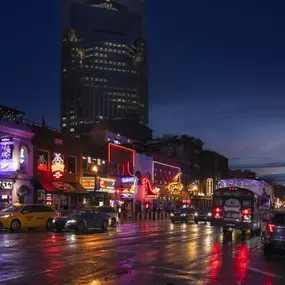 Broadway and Downtown Nashville at night near Camden Music Row apartments in Nashville, TN