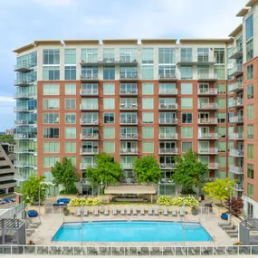 Aerial view of rooftop pool with Music Row in the background at Camden Music Row apartments in Nashville, TN