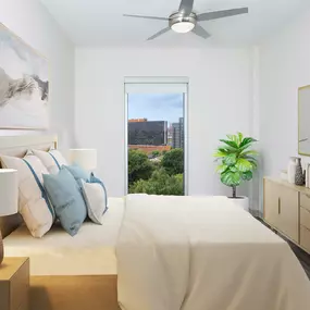 Bedroom with ceiling fan and window with city view