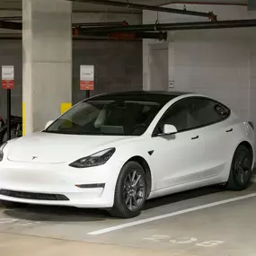 Electric vehicle charging stations inside the controlled-access parking garage at Camden Music Row apartments in Nashville, TN