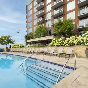 Corner view of spacious rooftop pool at Camden Music Row apartments in Nashville, TN